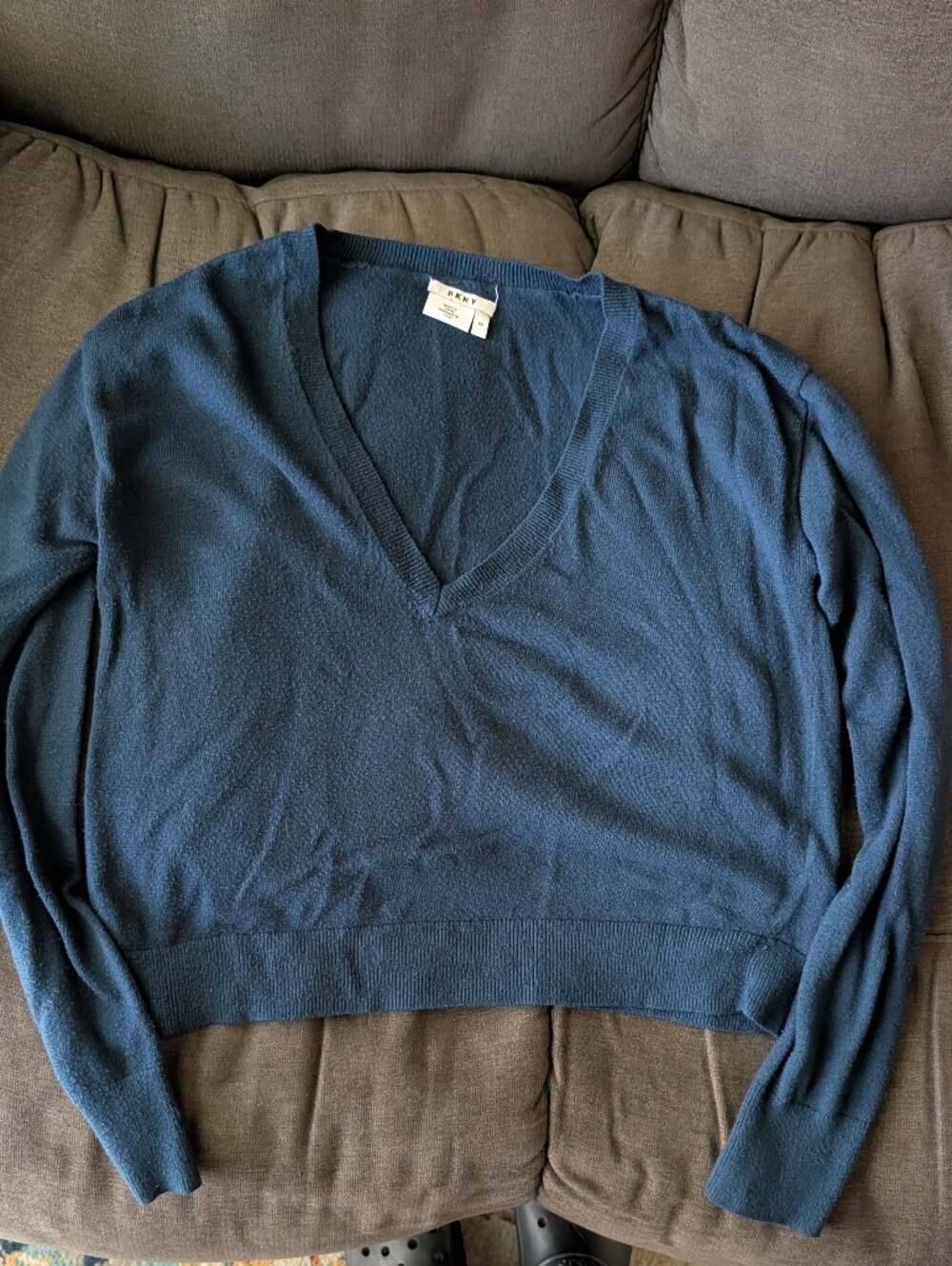 DKNY Navy V-Neck Lightweight Crop Knit Sweater